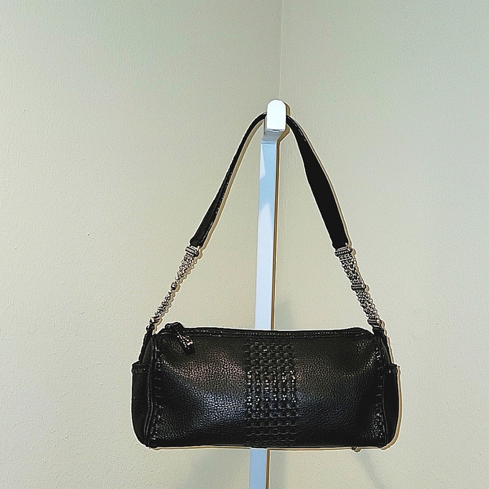 BRIGHTON SILVER CHAIN BLACK LEATHER SHOULDER BAG